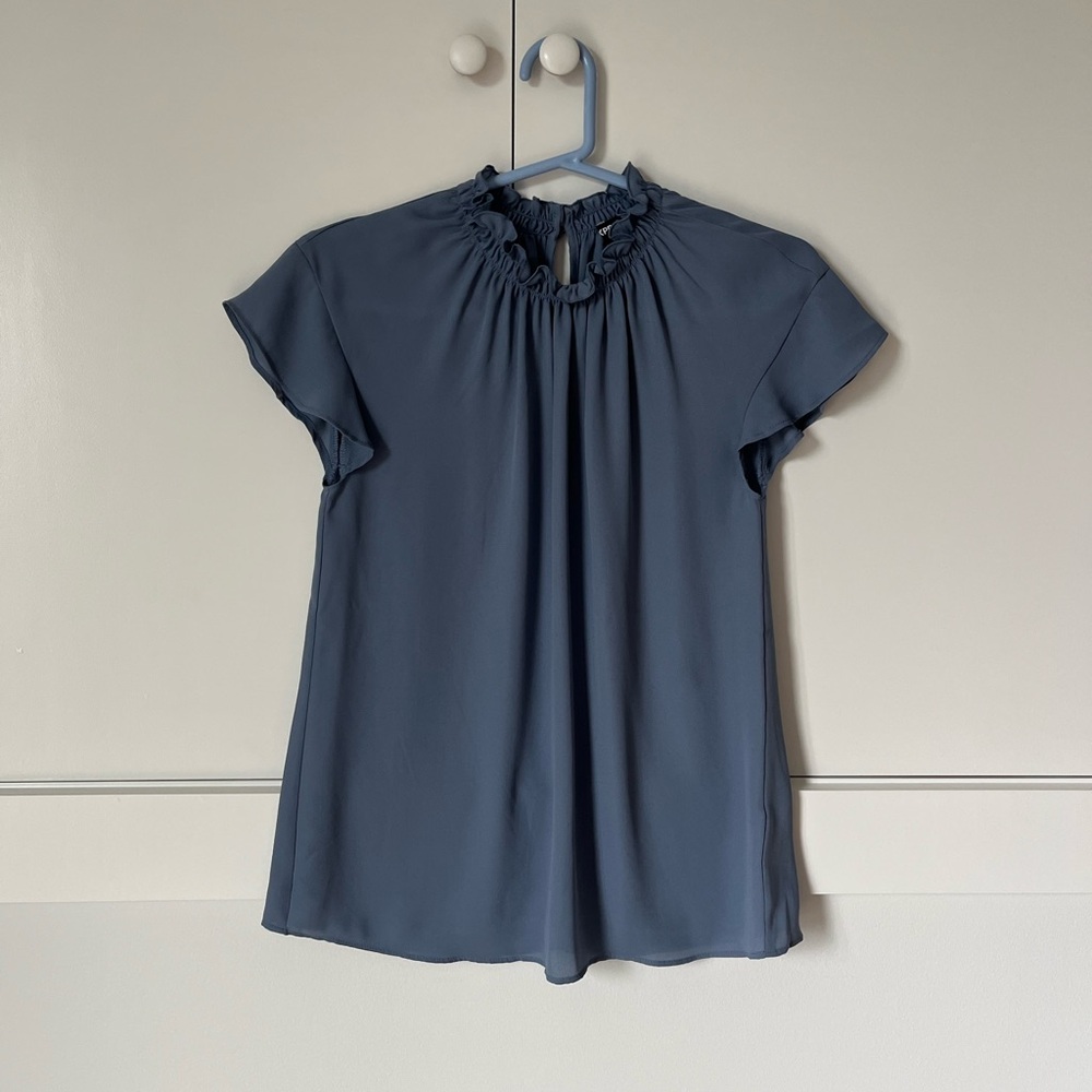 Express Dusty Blue Ruffle Neck Short Sleeve Blouse